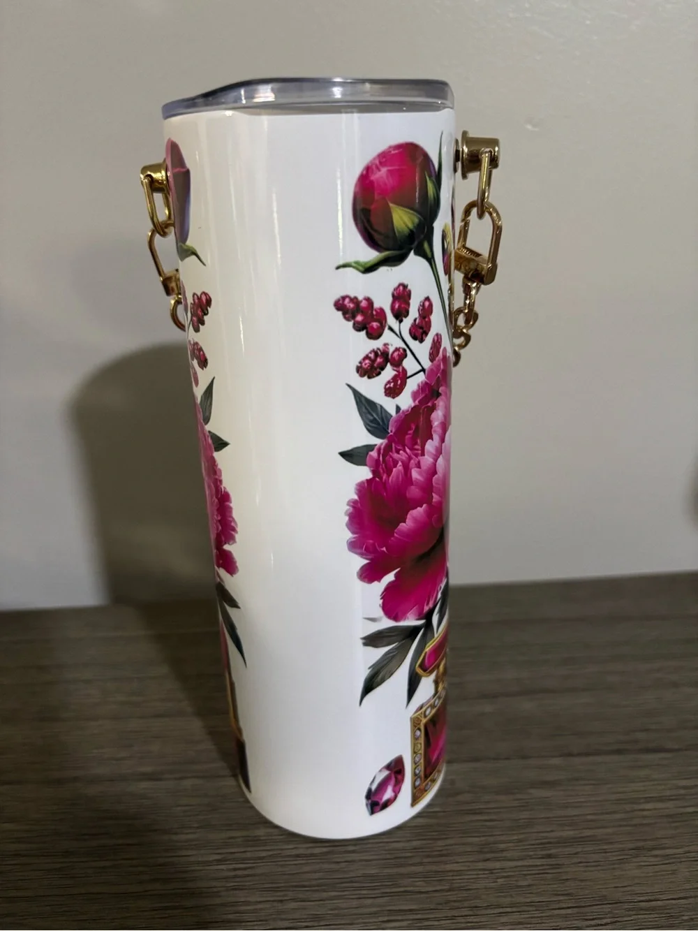 Hand Made Pink Floral & Gold Crown Tumbler